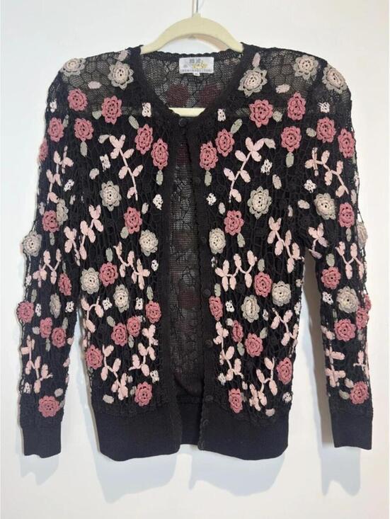 Vintage Sweaters - Vintage black floral embroidered mesh cardigan sheer rose y2k fairycore boho